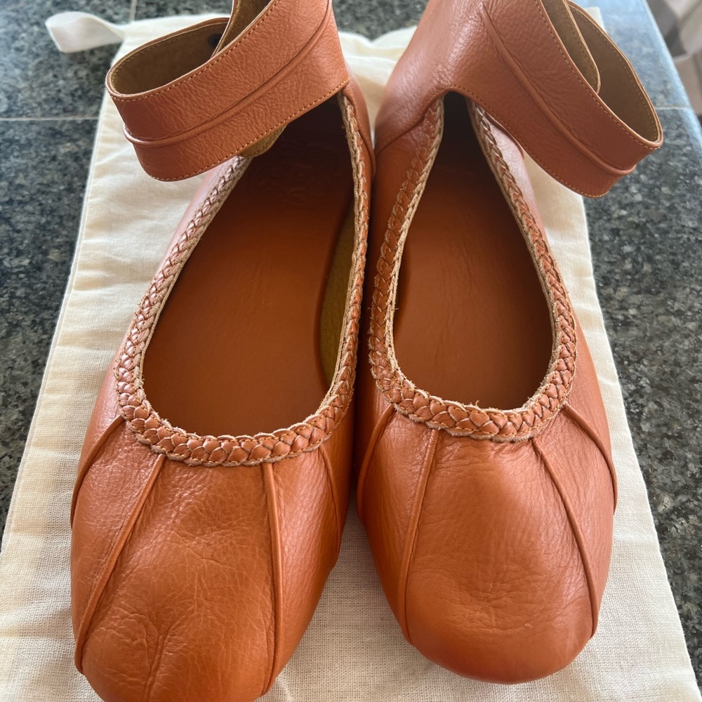ELF soft Leather Flats with Ankle Strap and back zip. Never worn. As pictured.